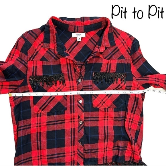 Kenzie Jeans Red and Black Button Crochet Double Breasted Pocket Blouse M - Picture 12 of 15